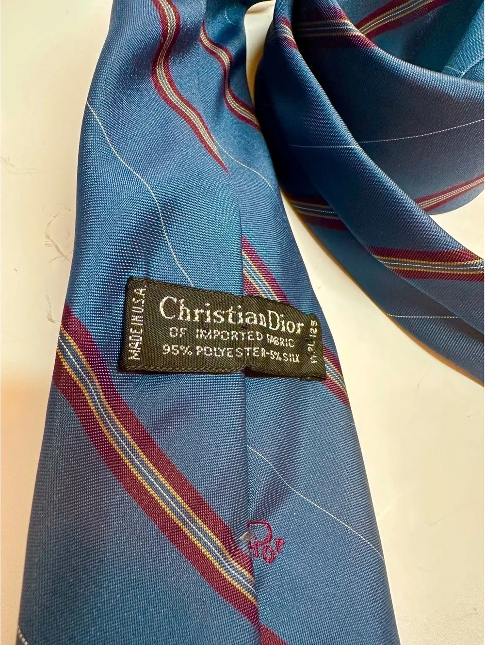 Vintage Christian Dior Blue Burgundy Striped Tie Embroidered Logo